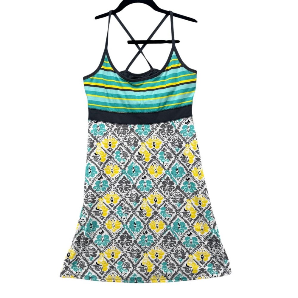 Lola Athletic Tank Dress Green Yellow Striped Sleeveless Sporty Tennis Golf Sz S